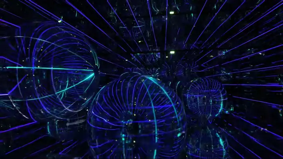 Blue glowing orbs stretch through a mirrored room with neon lines.