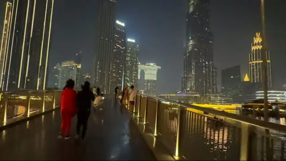 Visitors beside glowing flower-like sculptures under string lights on the waterfront.